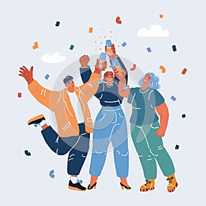 Vector illustration of thre people with champagne to celebrate