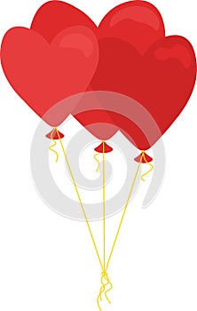 Vector illustration of three balloon hearts on a golden string. Red flying helium heart balloons.