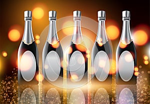 Vector illustration of Three champagne wine bottles on sparkling background