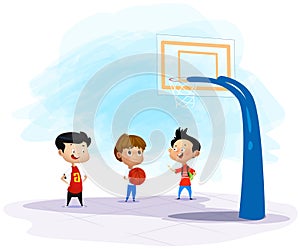 Vector illustration of three children playing baskeball