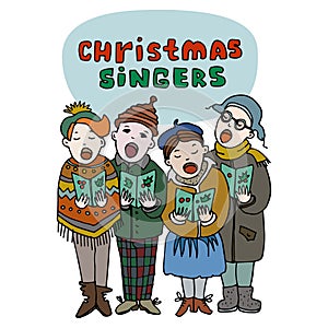 Vector illustration of three children singing carols