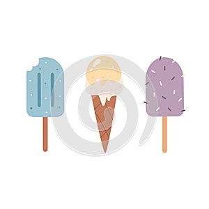 Vector illustration of three colorful ice cream icons