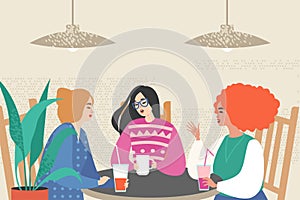 Vector illustration with three cute girls siting in a cafe