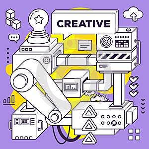 Vector illustration of three dimensional black and white mechanism to develop creative ideas on purple with yellow background.
