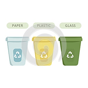 Vector illustration of three dumpsters trash cans of blue yellow and green colors with recycling symbol photo