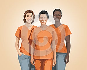 Vector Illustration of three female nurses healthcare workers hygienists in scrubs, smiking
