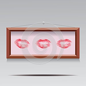 Vector illustration of three lipstic kisses in wooden frame