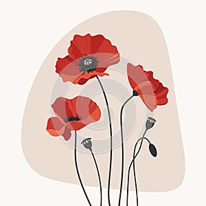 Vector illustration of three red poppies in vase on clean beige background creating a striking image for a Remembrance