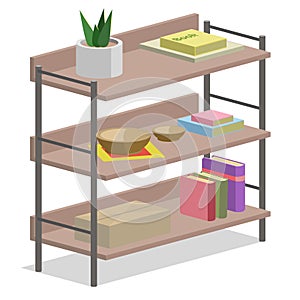 Vector illustration of a three-tiered storage shelf containing books of various sizes, plant pots and cardboard