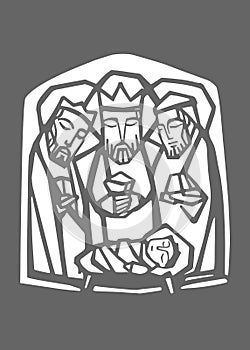 Vector illustration of the three wise men and baby Jesus Christ