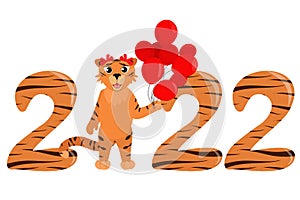 Vector illustration of a tiger with balloons in his hands, standing between the numbers 2022