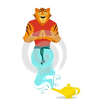 Vector illustration of a tiger in the image of a jinn coming out of a lamp, isolated