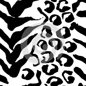 Vector illustration tiger print seamless pattern. Black and white hand drawn background.