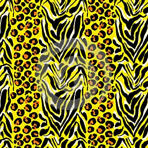 Vector illustration tiger print seamless pattern. Orange and yellow hand drawn background.
