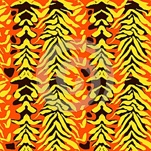 Vector illustration tiger print seamless pattern. Orange and yellow hand drawn background.