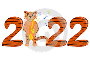 Vector illustration of a tiger with a saxophone in his hands, standing between the numbers 2022