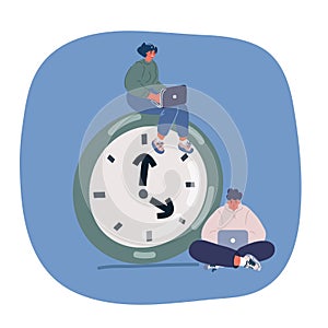 Vector illustration of Time management concept. Woman and man are working at laptop. Lack of Time on big giant clock.