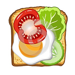 Vector illustration of toast with fried egg, tomato and lettuce. Healthy food for breakfast
