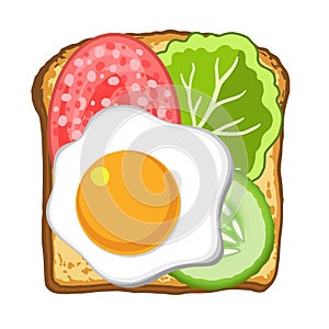 Vector illustration of toast with fried egg, vegetables and lettuce. Healthy food for breakfast