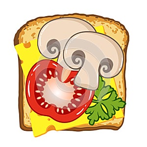 Vector illustration of toast with mushrooms, tomato and lettuce. Healthy food for breakfast