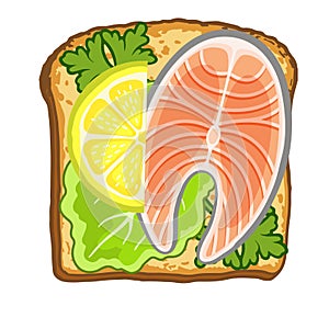 Vector illustration of toast with a piece of salmon and lettuce. Healthy food for breakfast