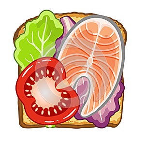 Vector illustration of toast with a piece of salmon and lettuce and tomato. Healthy food for breakfast