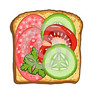 Vector illustration of toast with slices of sausage, vegetables and parsley. Healthy food for breakfast