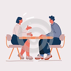 Vector illustration of top view of business people are sitting at the table while they discussion the project, interview