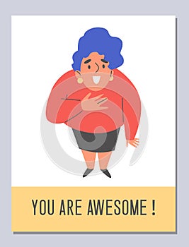 Vector illustration top view of woman expressing gratitude on 'You are awesome!' poster