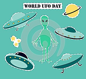 Vector illustration on the topic of ufology: ufo, alien, star, planet. Figure made in the form of stickers. photo