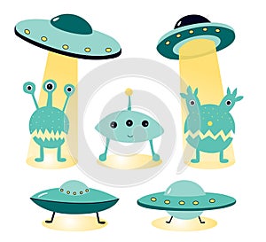 Vector illustration on the topic of ufology: ufo, aliens. Alien attack posters. photo