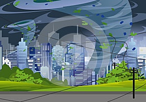 Vector Illustration tornado in modern city destroy buildings. Hurricane huge wind in skyscrapers, waterspout twister