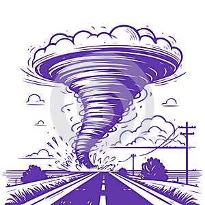 Vector Illustration of Tornado and Road Leading into the Horizon of the Storm