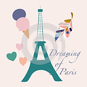 Vector illustration with tour eiffel, ice cream and colorful leave