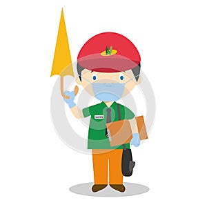 Vector illustration of a touristic guide with surgical mask and latex gloves as protection against a health emergency