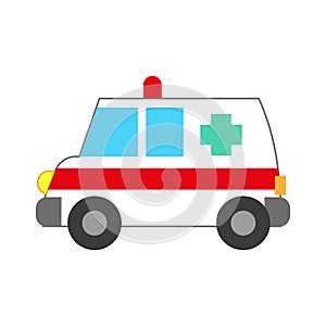 Vector illustration of a toy car in a flat style. Icon of an ambulance car. Logo design