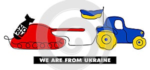 Vector Illustration with tractor in tradition Ukrainian flag colors who transportation Russian tank, and phrase NO RU
