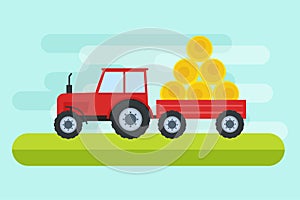 Vector illustration of tractor working on farmed land in flat style. Vector illustration
