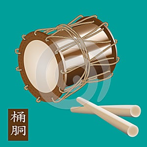 Vector illustration of Traditional asian percussion instrument Taiko or O-kedo drum. A name of the drum Okedo is written in japane