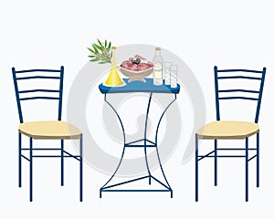 vector illustration of a traditional greek yard - table and chair with ouzo, cold cuts and olive oil