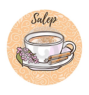 Vector illustration with traditional turkish hot beverage Salep in a circle frame