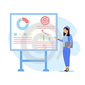 Vector illustration of a training or seminar background. A mentor is giving a presentation.