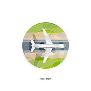 Vector illustration. Travel and tourism. Airplane, aviation. Summer holidays vacation. Plane landing. Flight air