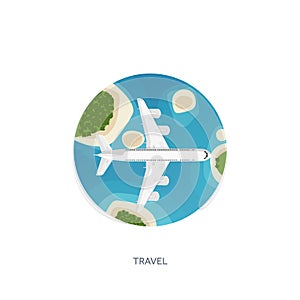 Vector illustration. Travel and tourism. Airplane, aviation. Summer holidays vacation. Plane landing. Flight air