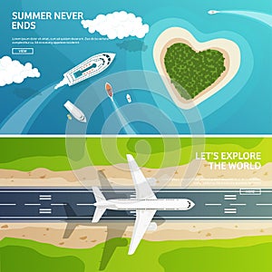 Vector illustration. Travel and tourism. Airplane, aviation. Summer holidays vacation. Plane landing. Flight air