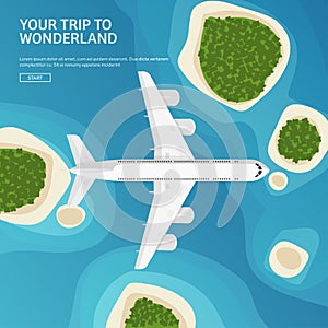 Vector illustration. Travel and tourism. Airplane, aviation. Summer holidays vacation. Plane landing. Flight air