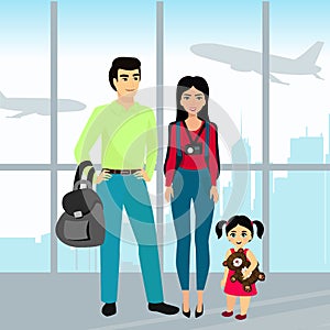 Vector illustration traveling family with luggage in the airport building. Father, mother and daughter travel together