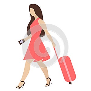Vector illustration of a traveling young woman with passport and suitcase isolated on white