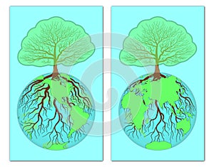 Vector illustration of tree growing in a transparent world globe map of the planet Earth with back side visibility.