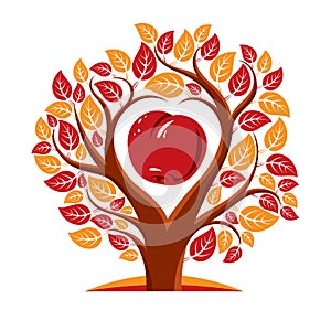 Vector illustration of tree with leaves and branches in the shape of heart with an apple inside. Fruitfulness and fertility idea photo